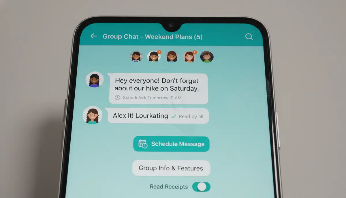 A close-up of an Android phone screen displaying advanced messaging features like scheduled messages, group chats, and read receipts, with a focus on user-friendliness., high-quality photography, professional lighting, sharp focus, realistic, detailed