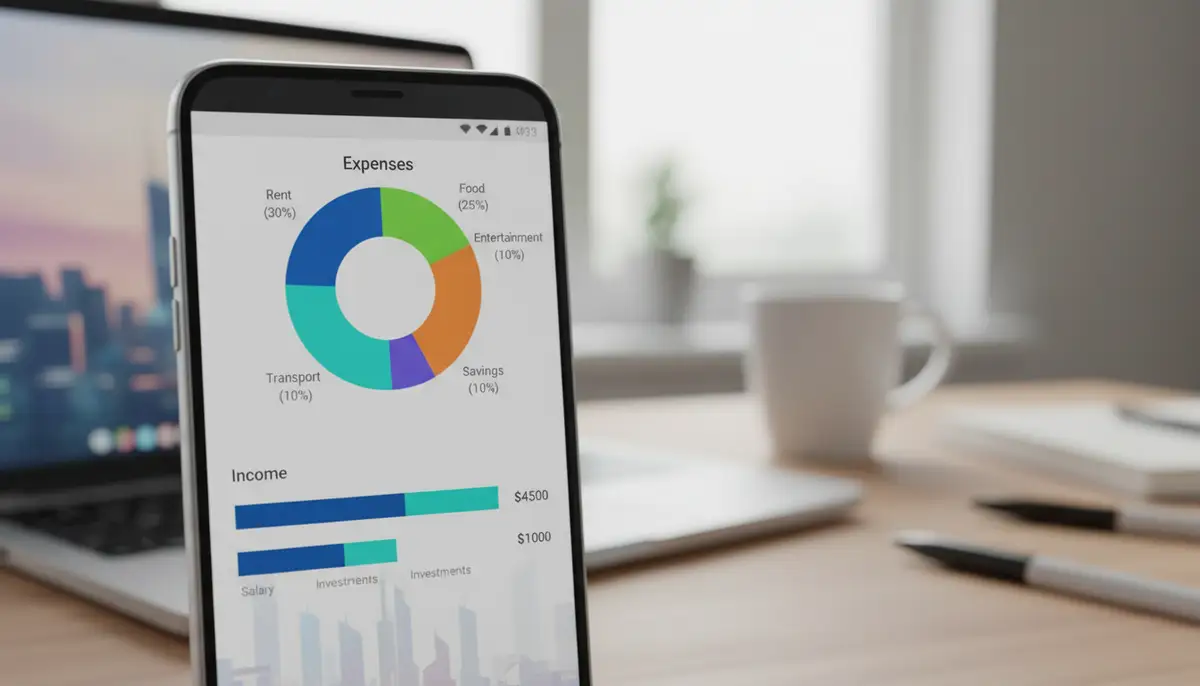 A close-up of an Android phone screen showing a highly customized finance widget displaying a colorful pie chart of expenses and a bar graph of income, set against a blurred background of a desk with a laptop., high-quality photography, professional lighting, sharp focus, realistic, detailed