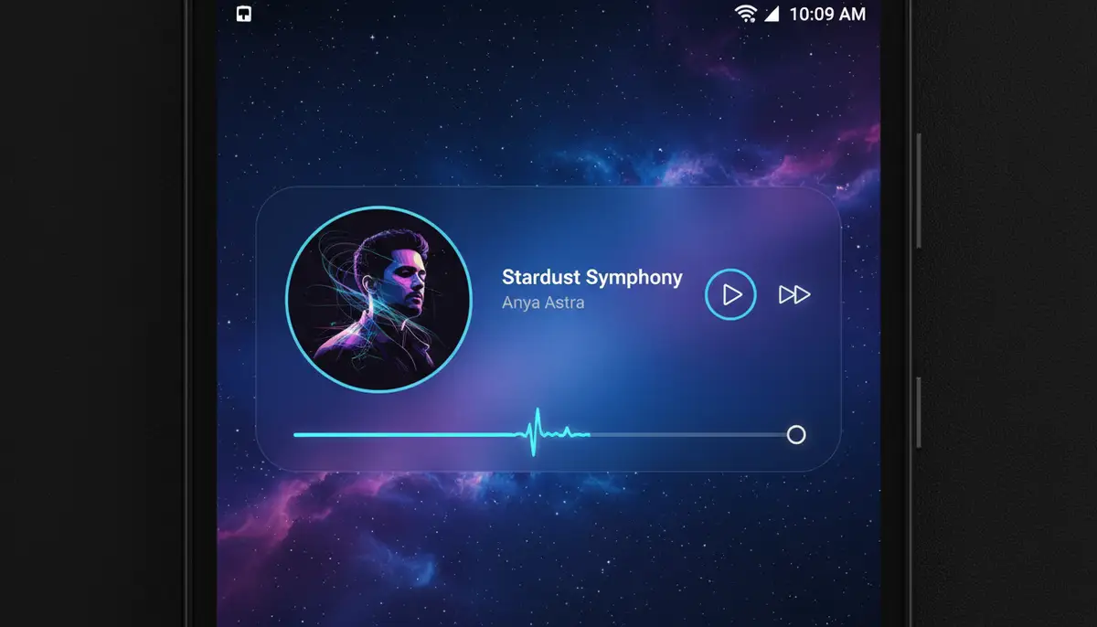 A close-up of an Android phone screen showing a highly customized music widget with album art, playback controls, and a progress bar, integrating seamlessly with the wallpaper., high-quality photography, professional lighting, sharp focus, realistic, detailed