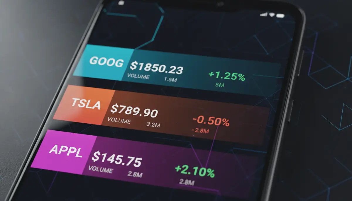 A close-up of an Android phone screen showing a highly customized stock widget with different color schemes and data points, like price, percentage change, and volume, against a dark, modern background., high-quality photography, professional lighting, sharp focus, realistic, detailed