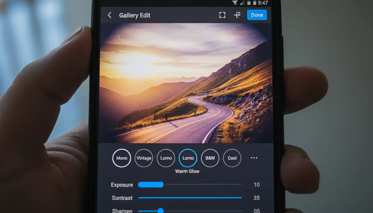 A close-up of an Android phone screen showing a photo editing interface within a gallery app, with various filters and adjustments applied to an image., high-quality photography, professional lighting, sharp focus, realistic, detailed