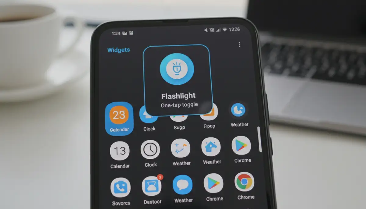 A close-up of an Android phone screen showing the 'Widgets' menu open, with the flashlight widget icon clearly visible, ready to be dragged to the home screen., high-quality photography, professional lighting, sharp focus, realistic, detailed