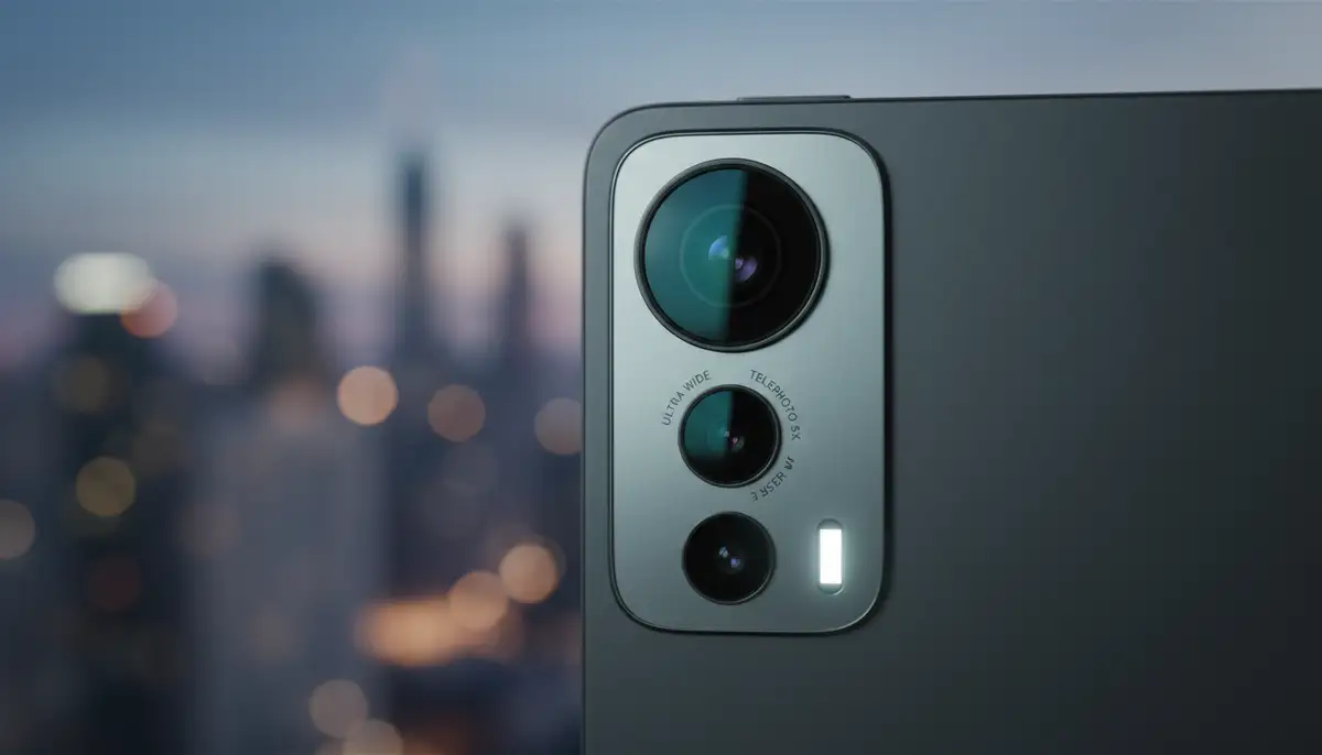 A close-up of an Android tablet's camera lens, showcasing advanced features like multiple lenses and a flash, with a blurred background., high-quality photography, professional lighting, sharp focus, realistic, detailed
