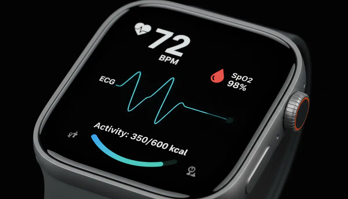 A close-up of an Apple Watch display showing various health metrics like heart rate, ECG, and blood oxygen, with clear, easy-to-read graphics, futuristic and clean., high-quality photography, professional lighting, sharp focus, realistic, detailed