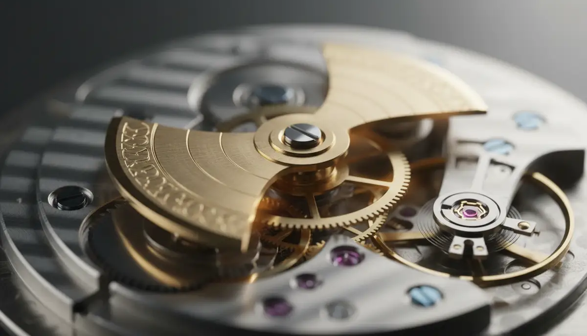 A close-up of an automatic watch movement, showing the intricate gears and the rotor in motion, with a subtle glow., high-quality photography, professional lighting, sharp focus, realistic, detailed