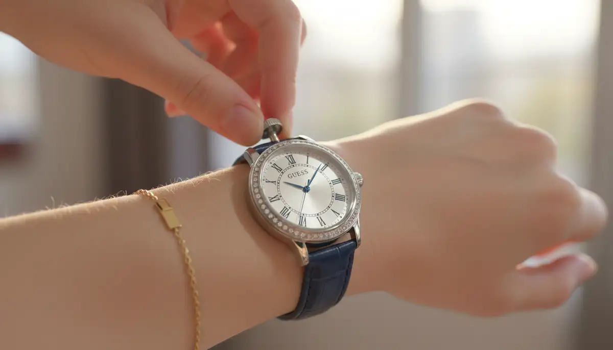 A close-up of an elegant GUESS analog watch with a hand gently pulling out the crown to set the time, background slightly blurred., high-quality photography, professional lighting, sharp focus, realistic, detailed