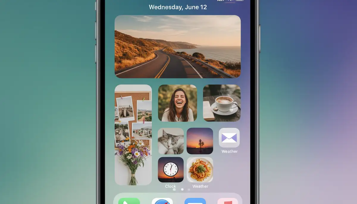 A close-up of an iPhone home screen displaying various photo widgets with different images, showcasing a personalized layout., high-quality photography, professional lighting, sharp focus, realistic, detailed