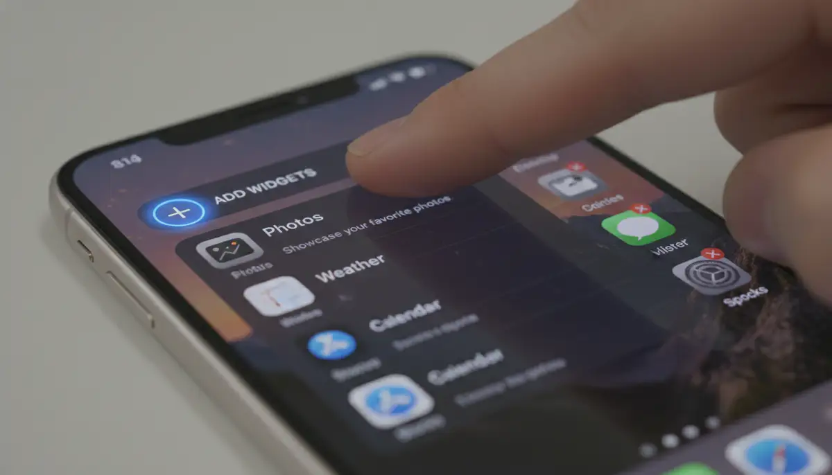 A close-up of an iPhone screen in 'jiggle mode' with the '+' icon highlighted, ready to add a new widget, specifically a photo widget, with a finger tapping the icon., high-quality photography, professional lighting, sharp focus, realistic, detailed