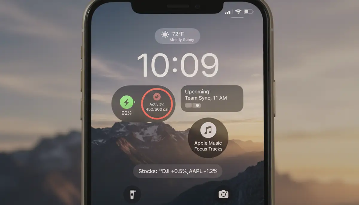 A close-up of an iPhone's Lock Screen displaying multiple small, informative widgets around the clock, with a focus on quick access to information., high-quality photography, professional lighting, sharp focus, realistic, detailed