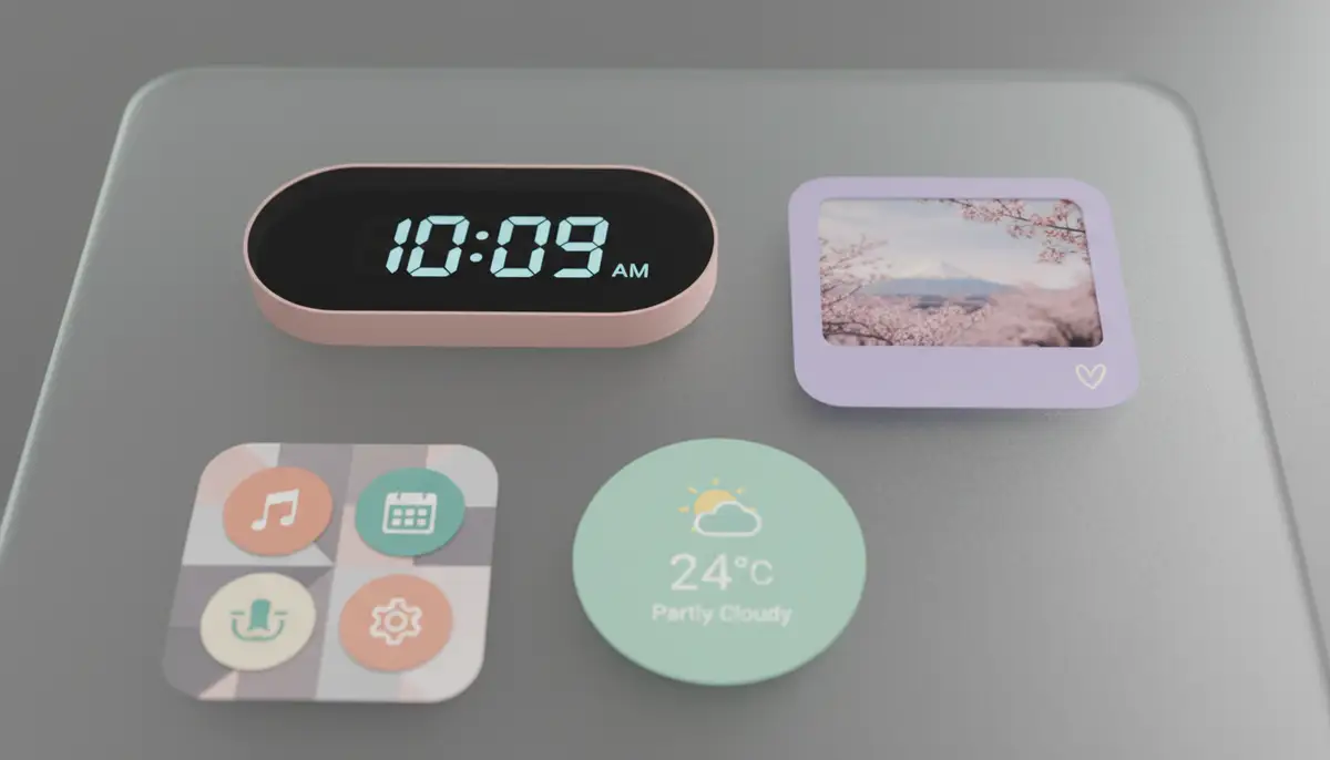 A close-up of different types of aesthetic widgets: a sleek digital clock, a personalized photo frame, a minimalist weather display, and a custom app launcher, all rendered in a soft, modern pastel palette., high-quality photography, professional lighting, sharp focus, realistic, detailed