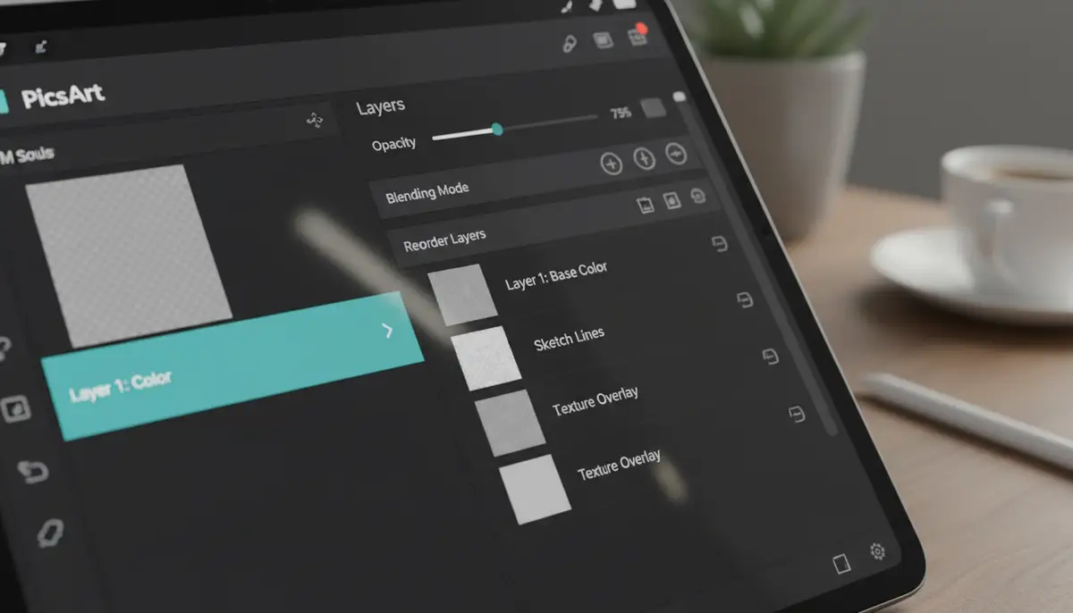A close-up of the PicsArt layer panel, highlighting options like opacity, blending modes, and layer reordering. Clear UI elements., high-quality photography, professional lighting, sharp focus, realistic, detailed