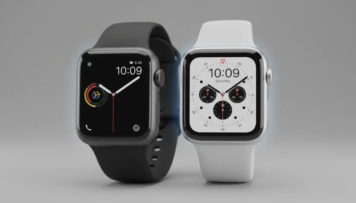 A close-up shot of a 42mm Apple Watch and a 46mm Apple Watch side-by-side on a neutral background, highlighting the size difference with a subtle glow., high-quality photography, professional lighting, sharp focus, realistic, detailed