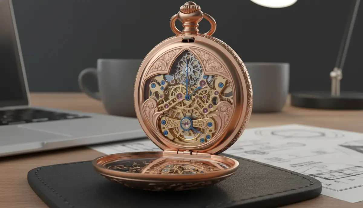 A close-up shot of a beautifully engraved heritage collection pocket watch, open, showing its intricate mechanical movement against a blurred background of a modern desk., high-quality photography, professional lighting, sharp focus, realistic, detailed