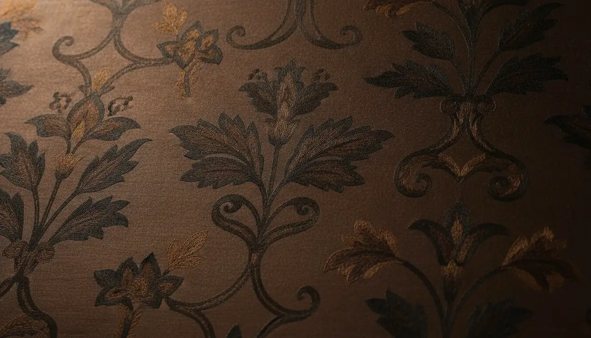 A close-up shot of a brown and black wallpaper with an intricate botanical pattern, highlighting the texture and subtle color variations, suitable for a refined space., high-quality photography, professional lighting, sharp focus, realistic, detailed