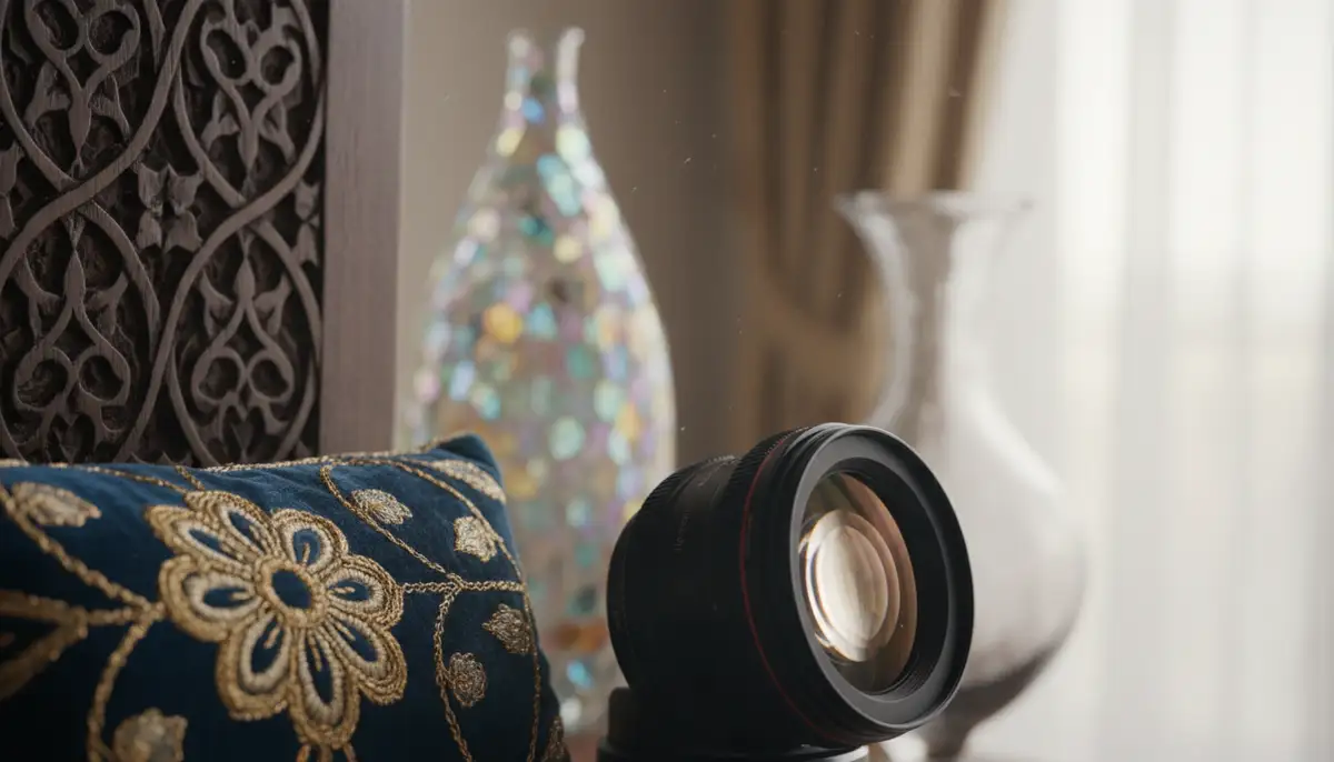 A close-up shot of a camera lens focusing on intricate details of interior decor, showcasing texture and craftsmanship., high-quality photography, professional lighting, sharp focus, realistic, detailed