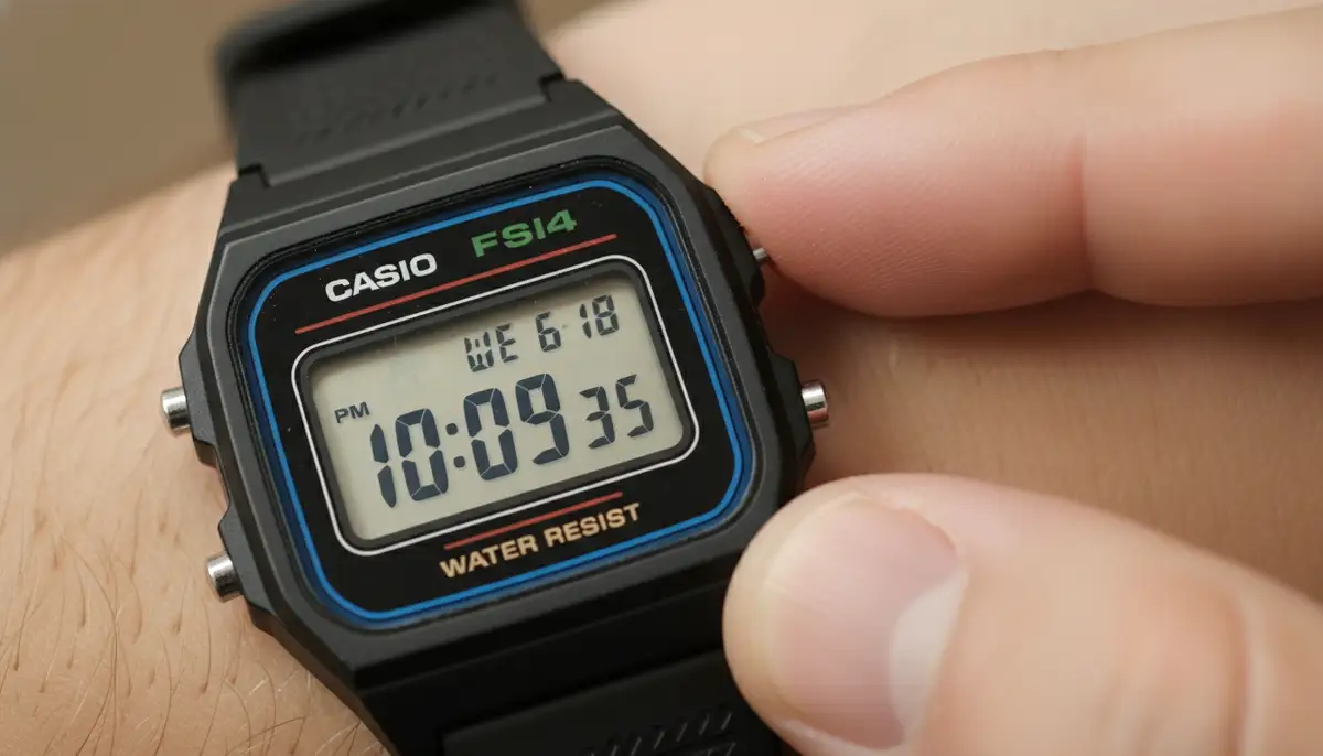A close-up shot of a Casio F-91W digital watch being adjusted, with fingers pressing the buttons, clear display showing time., high-quality photography, professional lighting, sharp focus, realistic, detailed