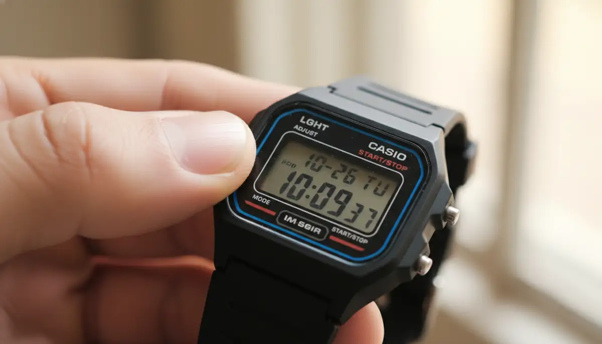 A close-up shot of a Casio F-91W digital watch display showing the date, with a finger pressing the 'Adjust' button., high-quality photography, professional lighting, sharp focus, realistic, detailed