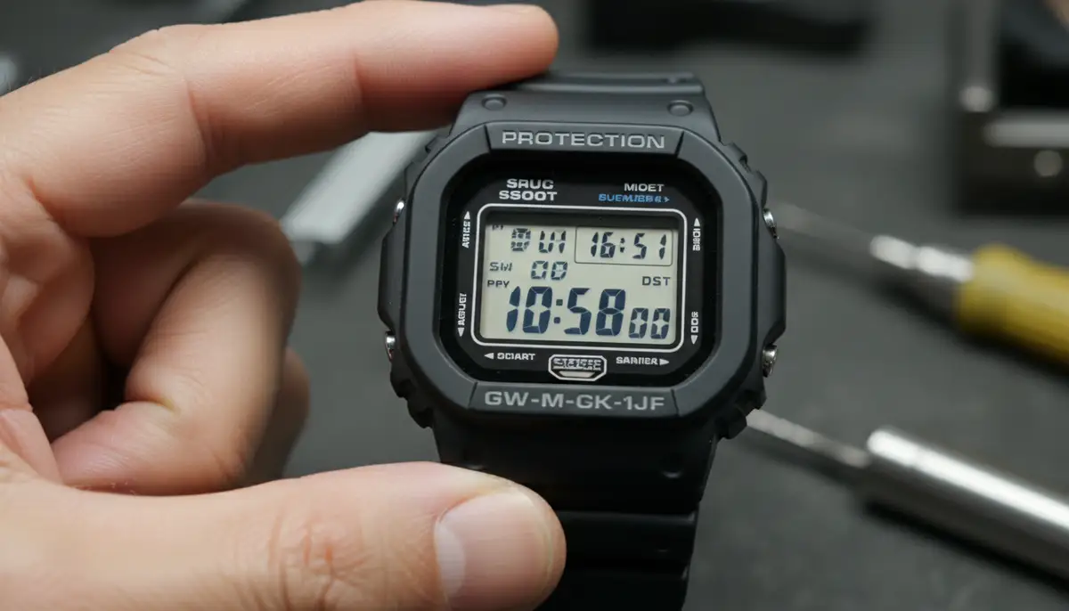A close-up shot of a Casio G-Shock watch display, showing flashing digits during time adjustment mode, with a hand pressing a button., high-quality photography, professional lighting, sharp focus, realistic, detailed