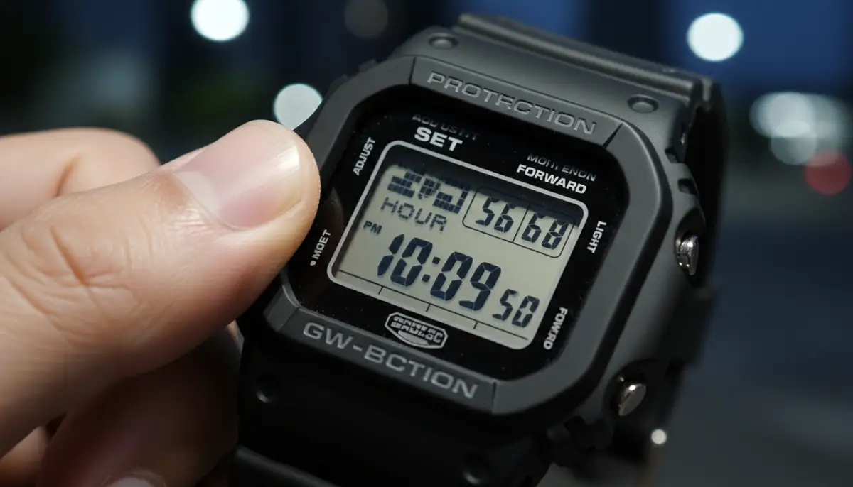 A close-up shot of a Casio G-Shock watch's digital display showing the time setting mode, with a finger pressing the 'Adjust' button., high-quality photography, professional lighting, sharp focus, realistic, detailed