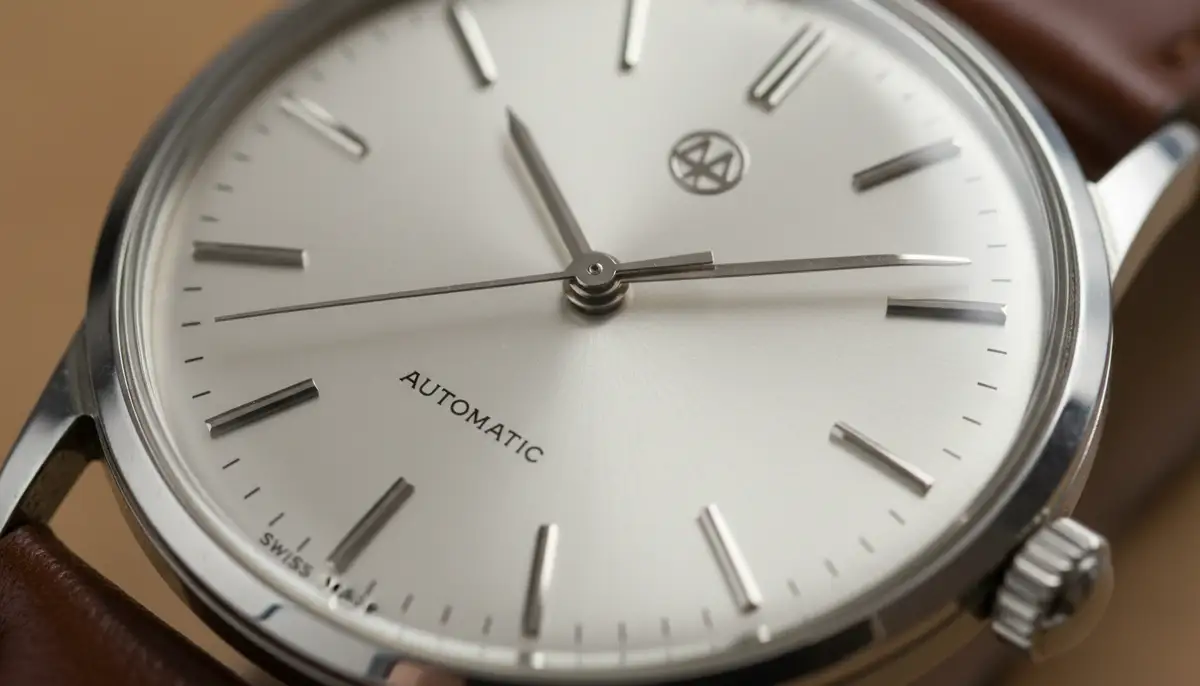 A close-up shot of a classic analog watch dial with elegant hands and simple hour markers, showcasing its minimalist design., high-quality photography, professional lighting, sharp focus, realistic, detailed