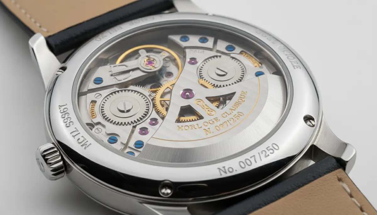 A close-up shot of a classic analog watch with intricate mechanical gears visible through a transparent case back, showcasing craftsmanship., high-quality photography, professional lighting, sharp focus, realistic, detailed