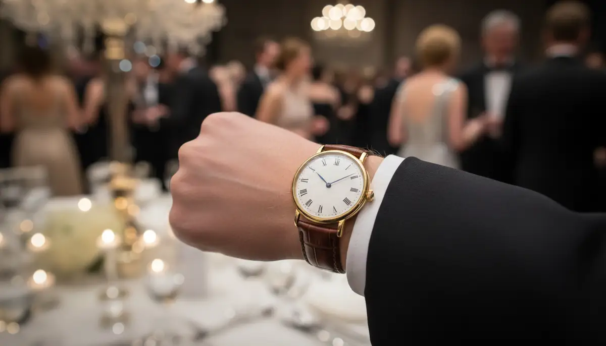 A close-up shot of a classic, elegant analog watch on a wrist, with a blurred background of a formal event., high-quality photography, professional lighting, sharp focus, realistic, detailed