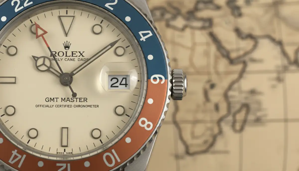A close-up shot of a classic GMT watch dial, clearly showing the 24-hour hand and bezel, with a blurred background of a globe or world map., high-quality photography, professional lighting, sharp focus, realistic, detailed