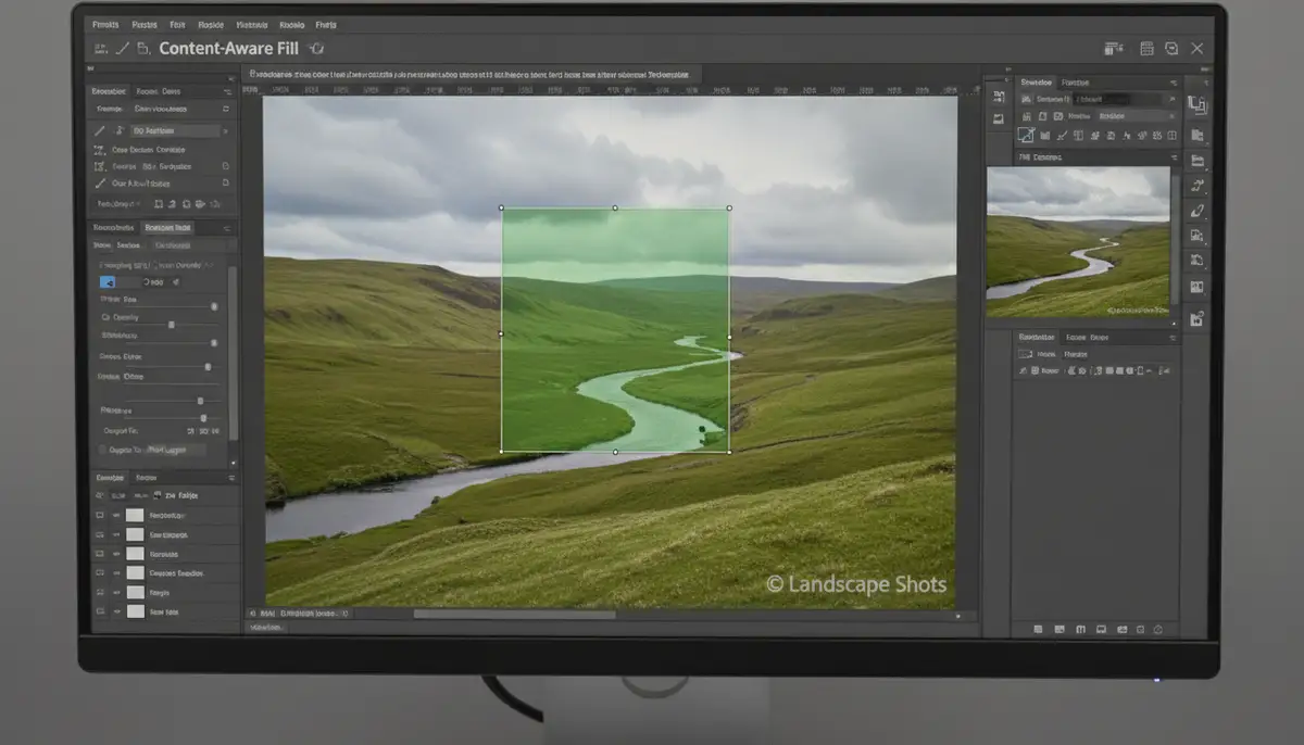A close-up shot of a computer screen showing Adobe Photoshop's Content-Aware Fill feature in action, seamlessly removing a subtle watermark from a landscape photo., high-quality photography, professional lighting, sharp focus, realistic, detailed