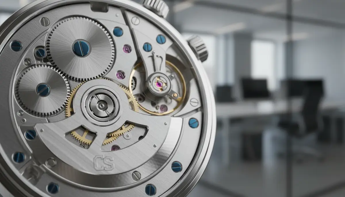 A close-up shot of a CS Collection automatic watch movement, showcasing intricate gears and springs, with a blurred background of a modern office., high-quality photography, professional lighting, sharp focus, realistic, detailed