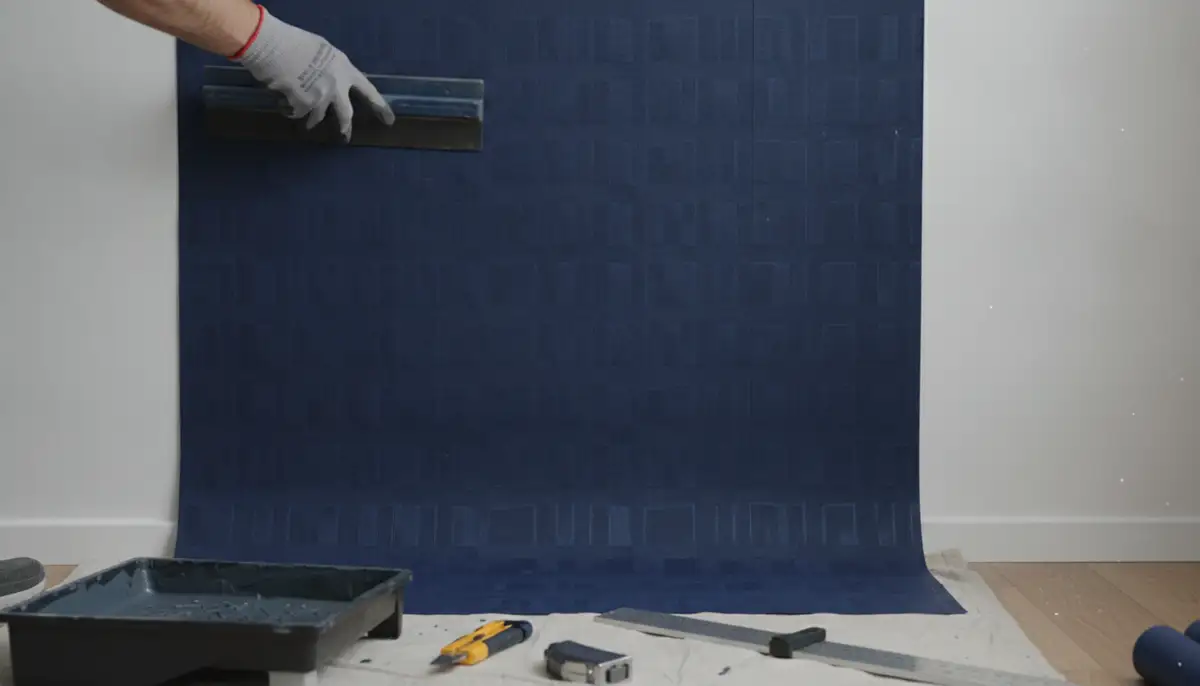 A close-up shot of a dark blue wallpaper being carefully installed on a wall, showing the texture and rich color, with tools nearby., high-quality photography, professional lighting, sharp focus, realistic, detailed