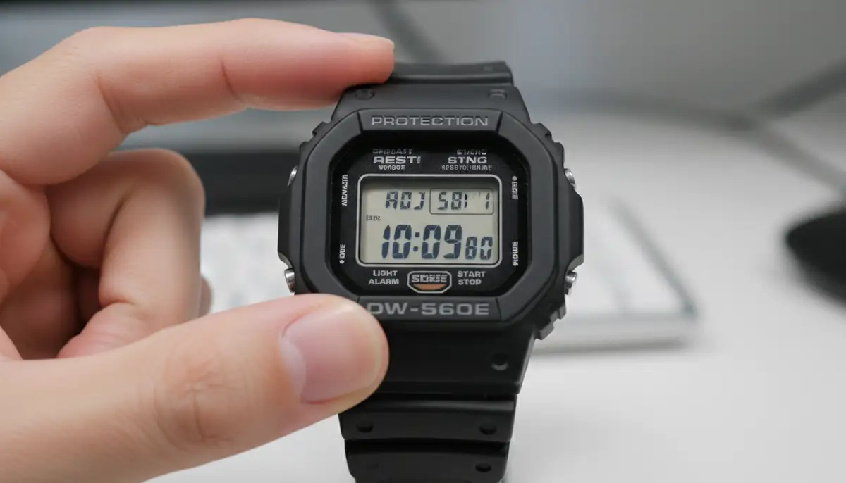 A close-up shot of a digital Casio watch with fingers pressing the 'Adjust' button, showing the time setting mode on the display., high-quality photography, professional lighting, sharp focus, realistic, detailed