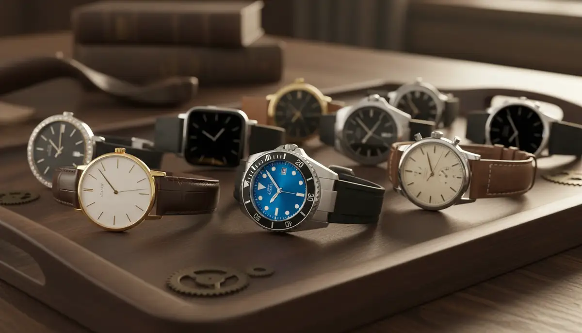 A close-up shot of a diverse watch collection displayed neatly on a wooden tray, featuring various styles like a dive watch, a dress watch, and a vintage chronograph, with soft, warm lighting., high-quality photography, professional lighting, sharp focus, realistic, detailed