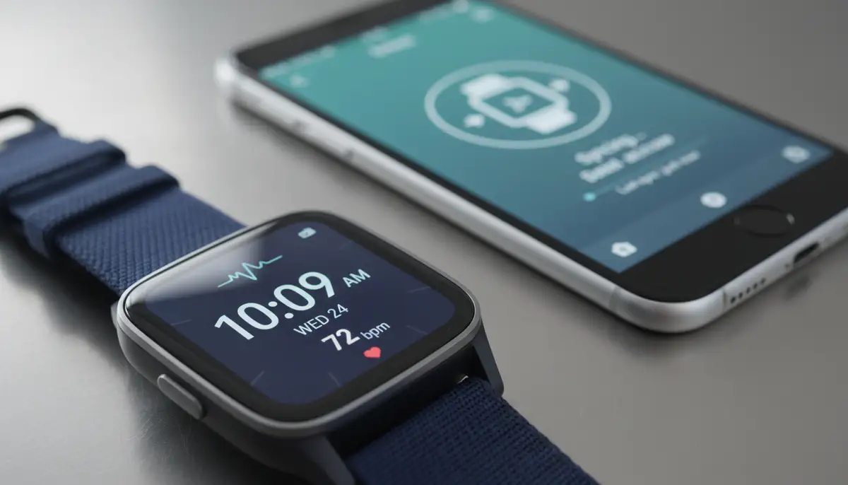 A close-up shot of a Fitbit watch face displaying the correct time, with a smartphone in the background showing the Fitbit app's sync status., high-quality photography, professional lighting, sharp focus, realistic, detailed