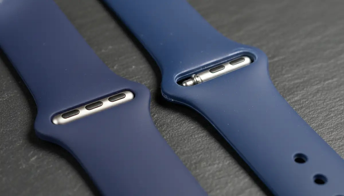A close-up shot of a genuine Apple Watch band next to a clearly inferior, poorly made fake Apple Watch band, highlighting differences in material and finish., high-quality photography, professional lighting, sharp focus, realistic, detailed