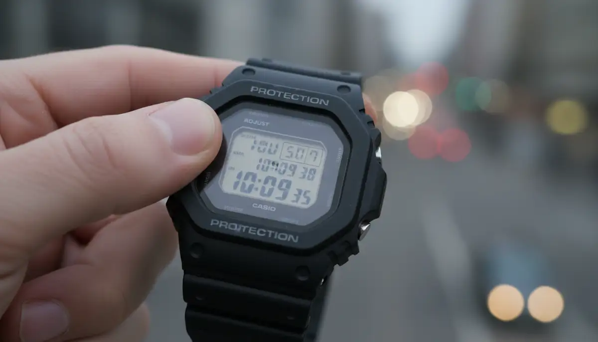 A close-up shot of a G-Shock watch display showing the 'Adjust' mode, with a finger pressing the button., high-quality photography, professional lighting, sharp focus, realistic, detailed