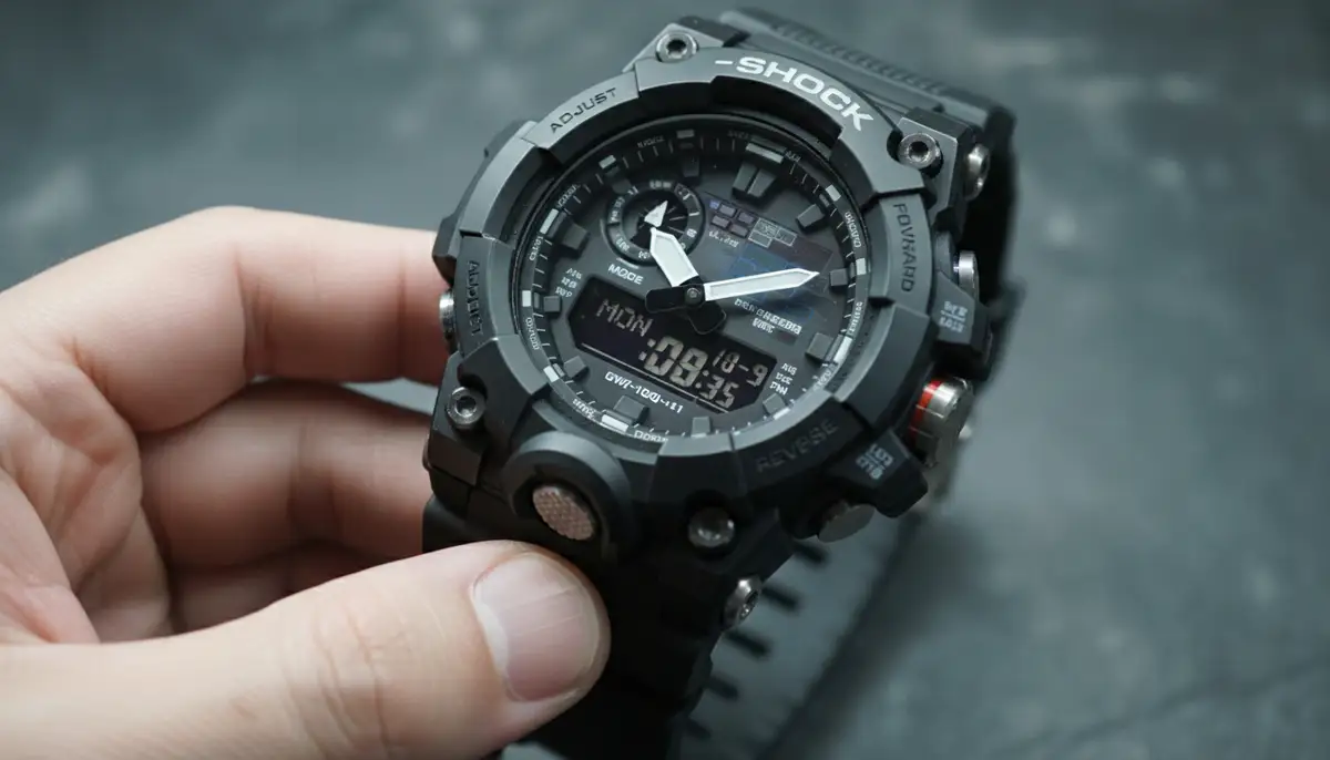 A close-up shot of a G-SHOCK watch with buttons clearly labeled, showing a finger pressing the 'Adjust' button., high-quality photography, professional lighting, sharp focus, realistic, detailed