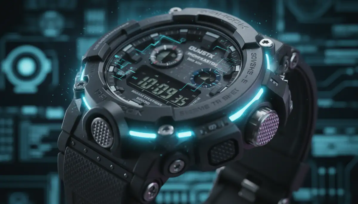 A close-up shot of a G-SHOCK watch with its buttons clearly visible, surrounded by a subtle digital interface glow., high-quality photography, professional lighting, sharp focus, realistic, detailed