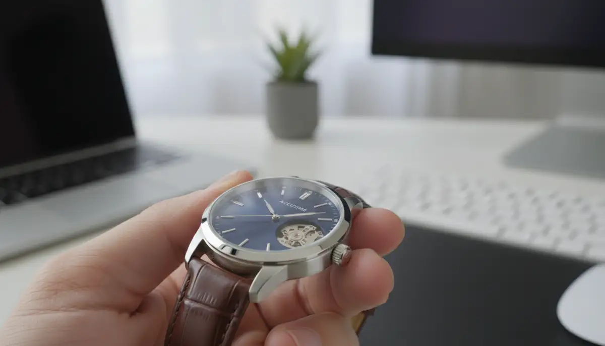 A close-up shot of a hand adjusting the crown of an analog Accutime watch, with a blurred background showing a modern desk setup., high-quality photography, professional lighting, sharp focus, realistic, detailed