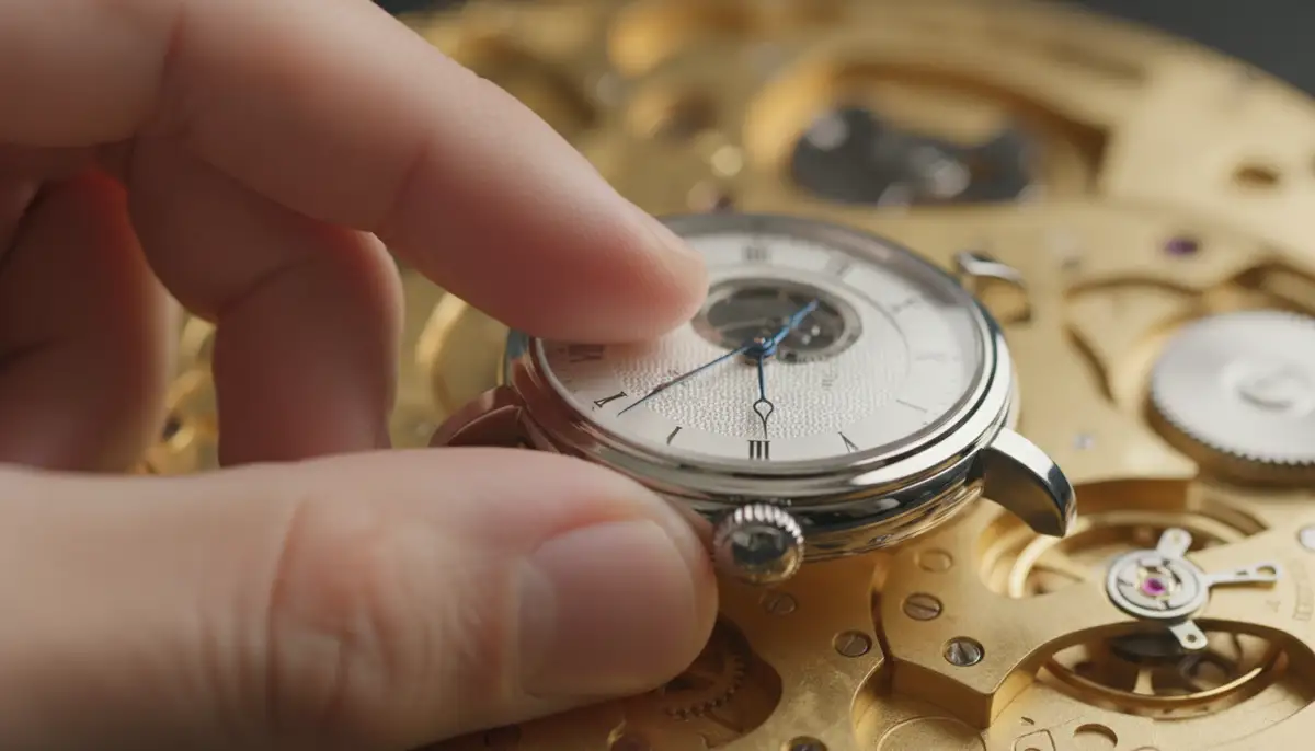 A close-up shot of a hand carefully turning the crown of a classic automatic watch against a blurred background of watch gears., high-quality photography, professional lighting, sharp focus, realistic, detailed