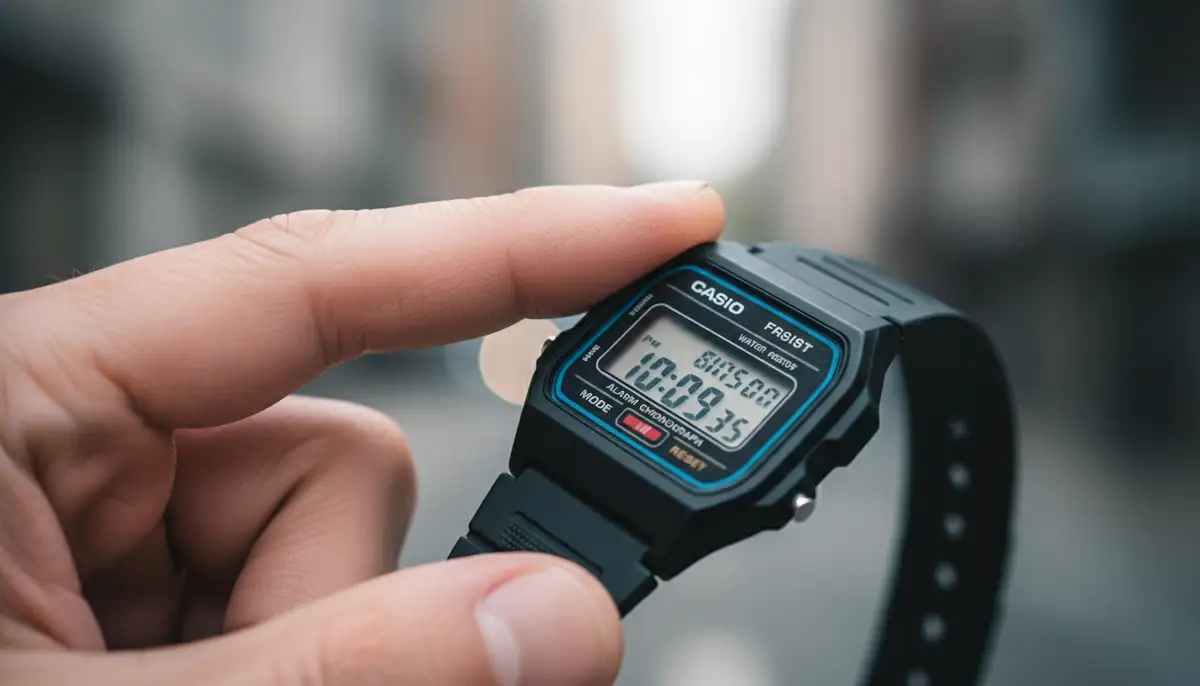 A close-up shot of a hand pressing the 'Mode' button on a classic digital Casio watch, with clear button labels., high-quality photography, professional lighting, sharp focus, realistic, detailed