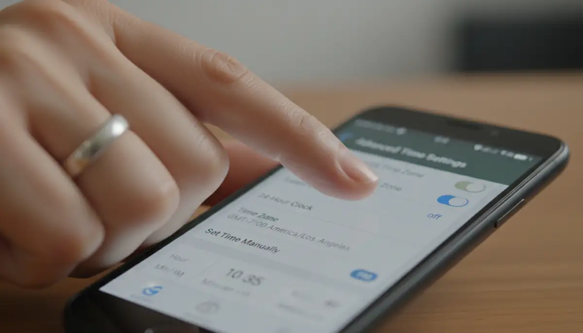 A close-up shot of a hand tapping on a Fitbit app interface on a smartphone, showing advanced settings for time adjustment., high-quality photography, professional lighting, sharp focus, realistic, detailed