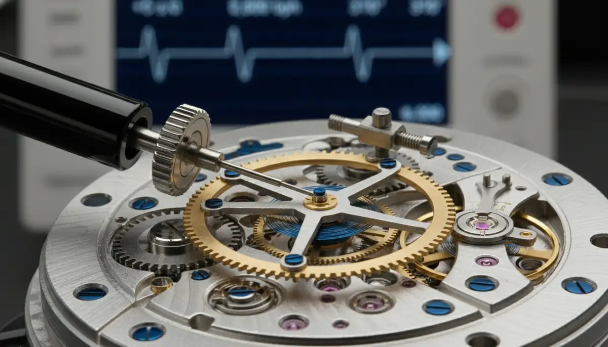A close-up shot of a mechanical watch movement with a timegrapher probe connected, showing the balance wheel and regulator arm clearly., high-quality photography, professional lighting, sharp focus, realistic, detailed