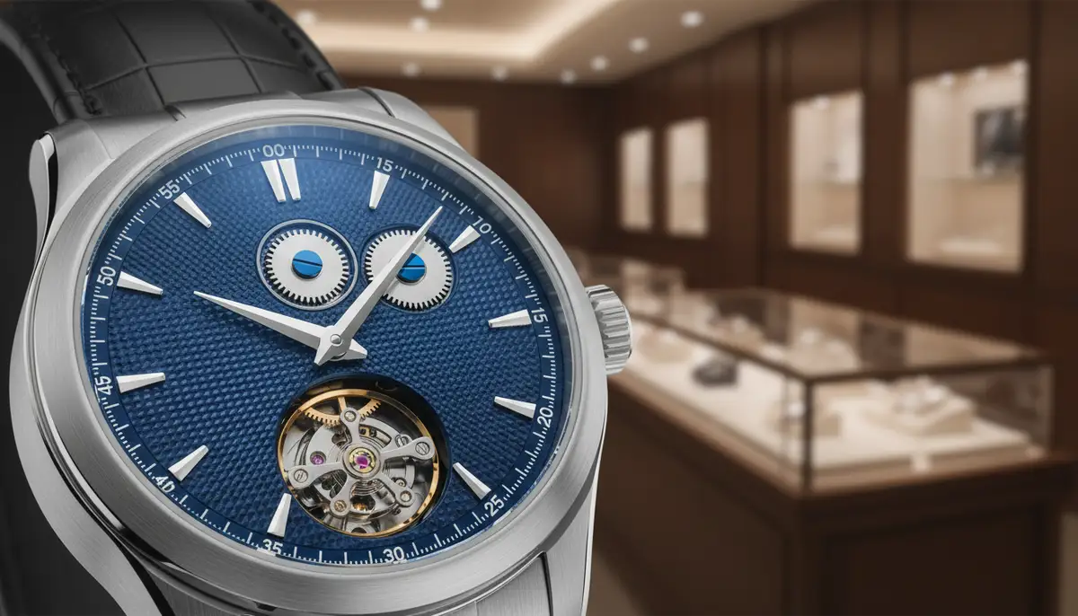 A close-up shot of a meticulously crafted replica watch, showcasing its intricate dial and movement details, with a blurred luxury watch store background., high-quality photography, professional lighting, sharp focus, realistic, detailed