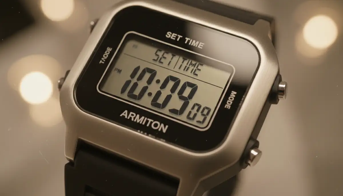 A close-up shot of a modern Armitron digital watch display, showing the time setting mode with blinking digits, surrounded by soft, diffused light., high-quality photography, professional lighting, sharp focus, realistic, detailed