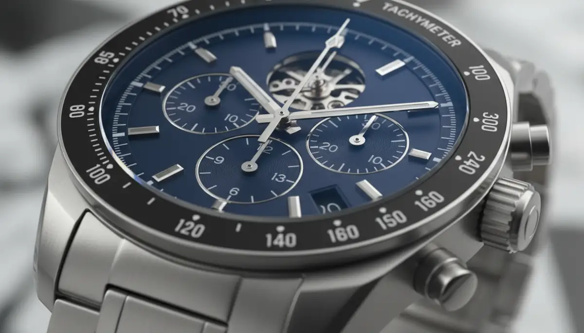 A close-up shot of a modern chronograph watch dial with hands perfectly aligned at the zero position, showcasing intricate details and pushers., high-quality photography, professional lighting, sharp focus, realistic, detailed