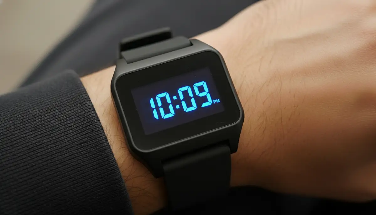 A close-up shot of a modern LED watch display showing the time, with a blurred background of a person's wrist., high-quality photography, professional lighting, sharp focus, realistic, detailed