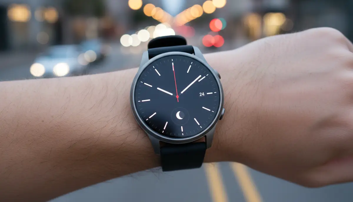 A close-up shot of a modern smartwatch displaying a minimalist analog watch face with subtle complications, set against a blurred urban background., high-quality photography, professional lighting, sharp focus, realistic, detailed