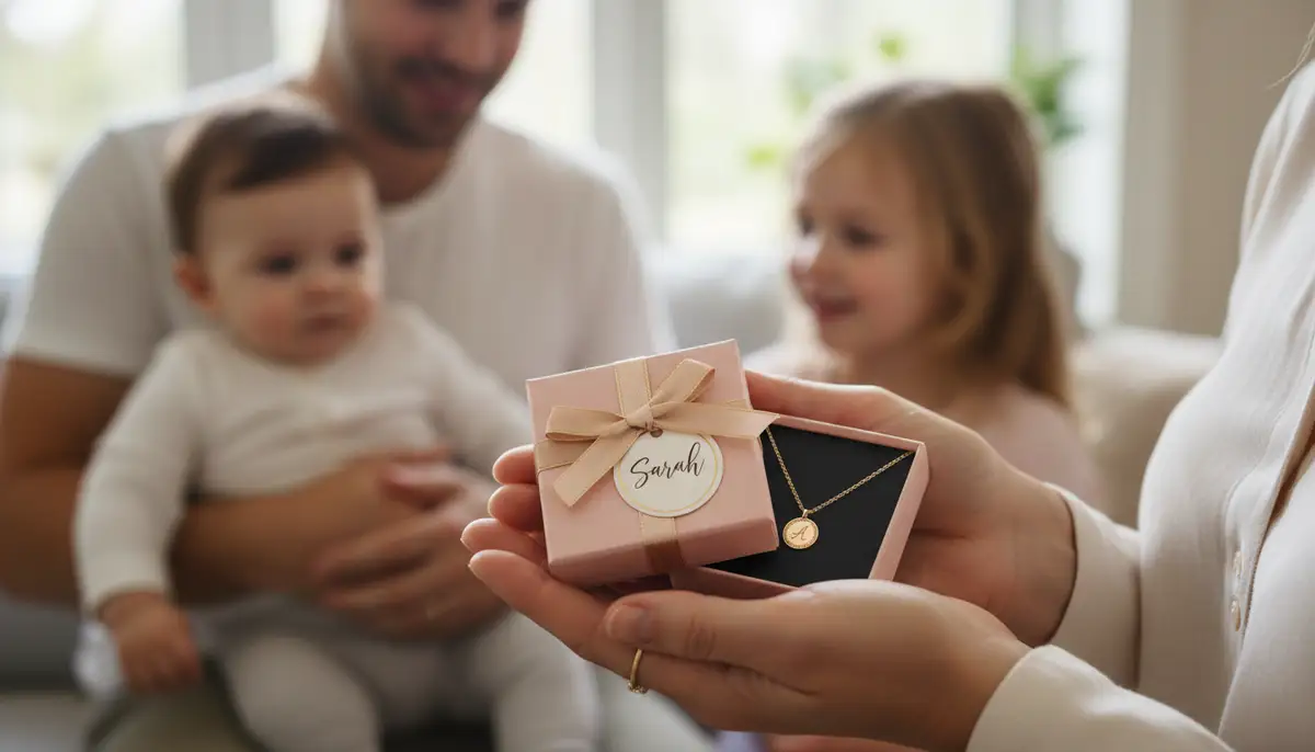 A close-up shot of a mother's hands receiving a beautifully wrapped personalized necklace, with a blurred background of a loving family., high-quality photography, professional lighting, sharp focus, realistic, detailed