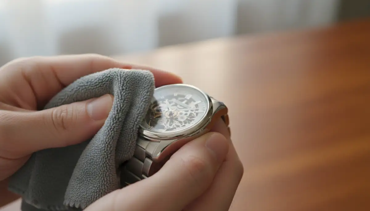 A close-up shot of a person gently cleaning the case of an automatic watch with a microfiber cloth, soft lighting., high-quality photography, professional lighting, sharp focus, realistic, detailed