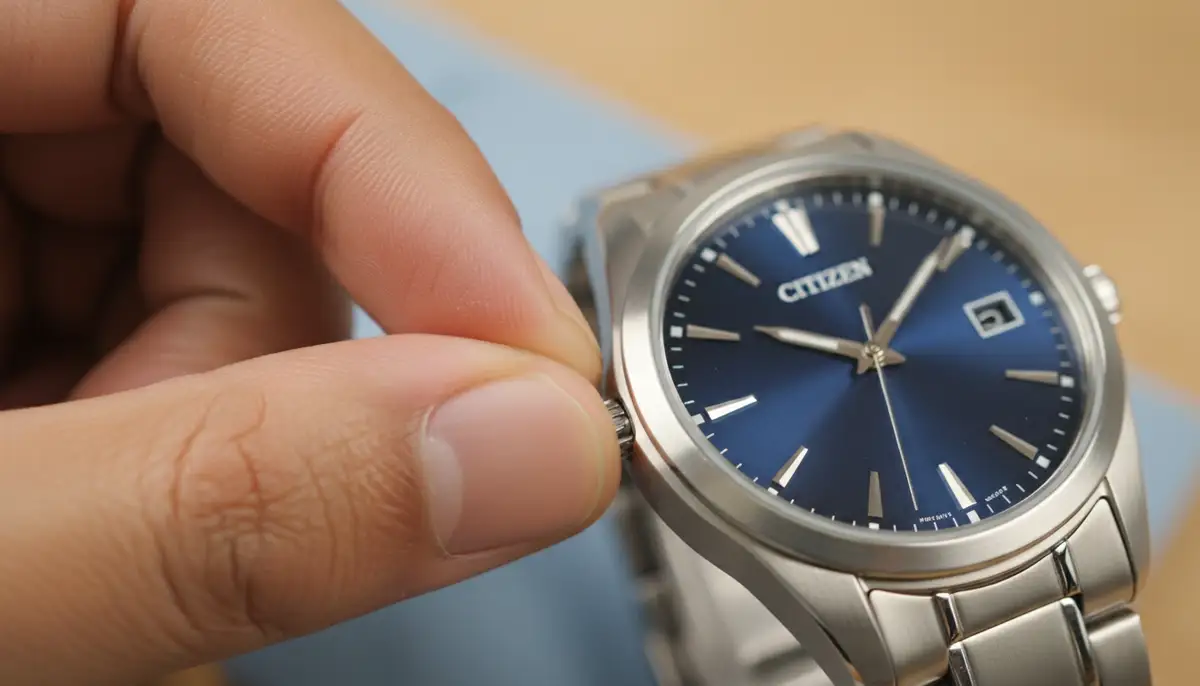 A close-up shot of a person's fingers gently pulling out the crown of a sleek Citizen Eco-Drive watch, with a soft, diffused background., high-quality photography, professional lighting, sharp focus, realistic, detailed
